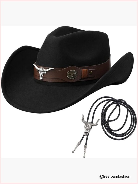 Western Cowboy Hat with Bolo Tie Felt Shapeable Wide Brim Unisex main image 7